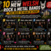 Poster listing 10 Welsh rock/metal bands with rank numbers: 1 Hollow Orbit, 2 False Reality, 3 Those Damn Crows, 4 Skarlett Riot, 5 The Luka State, 6 Sail The Sky, 7 Cassyette, 8 Black Lakes, 9 Reclaim The City, 10 Hiraes—each tile shows band photo, city/venue tag, and a short description promoting the lineup.