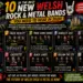 Poster listing 10 Welsh rock/metal bands with rank numbers: 1 Hollow Orbit, 2 False Reality, 3 Those Damn Crows, 4 Skarlett Riot, 5 The Luka State, 6 Sail The Sky, 7 Cassyette, 8 Black Lakes, 9 Reclaim The City, 10 Hiraes—each tile shows band photo, city/venue tag, and a short description promoting the lineup.