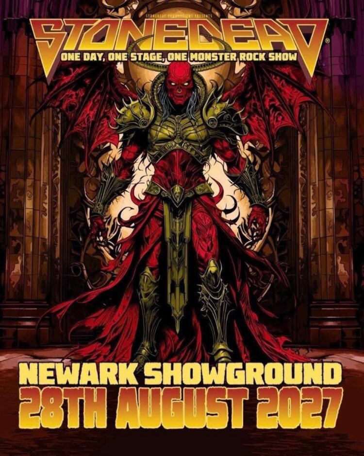 Img_4902 - the Riff Report Blog Demon warrior in red and gold armor with wings, promoting Stonedead rock show at Newark Showground, August 28, 2027.