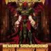 Demon warrior in red and gold armor with wings, promoting Stonedead rock show at Newark Showground, August 28, 2027.