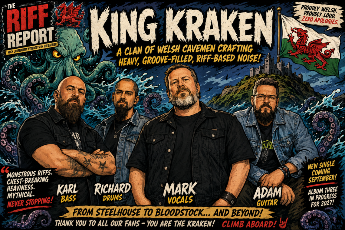 Comic-style band poster for King Kraken with four members in denim jackets, looming Kraken tentacles behind, a Welsh flag and castle in the background, and bold headline text.