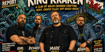Comic-style band poster for King Kraken with four members in denim jackets, looming Kraken tentacles behind, a Welsh flag and castle in the background, and bold headline text.
