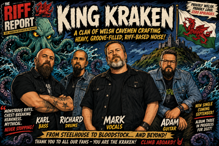 Img_7092 - the Riff Report Blog Comic-style band poster for King Kraken with four members in denim jackets, looming Kraken tentacles behind, a Welsh flag and castle in the background, and bold headline text.