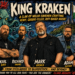 Img_7092 - the Riff Report Blog Comic-style band poster for King Kraken with four members in denim jackets, looming Kraken tentacles behind, a Welsh flag and castle in the background, and bold headline text.